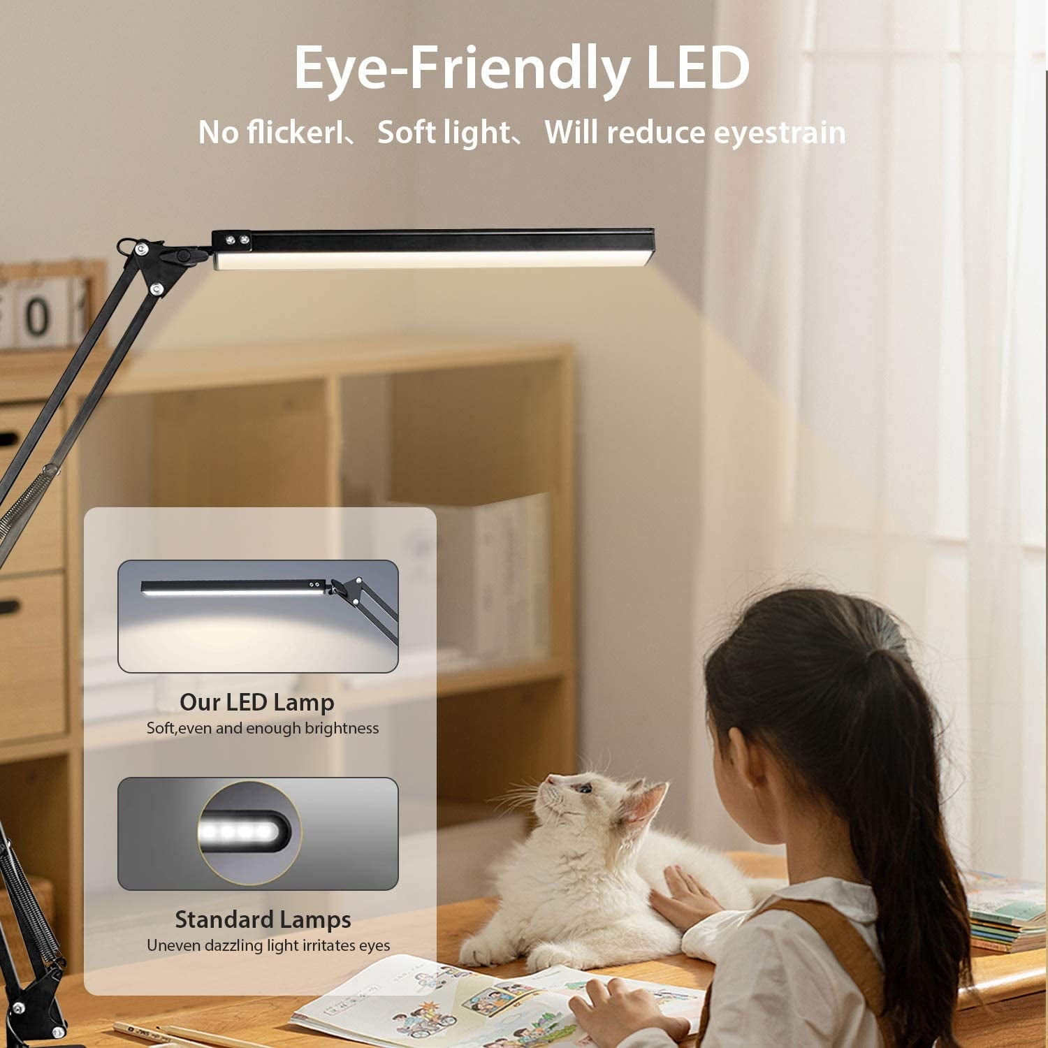 LED Desk Lamp with Clamp, Swing Arm Desk Lamp, Adjustable Desk Light Eye-Care Table Light(3 Color Modes, 10-Level Dimmer, Eye Care)