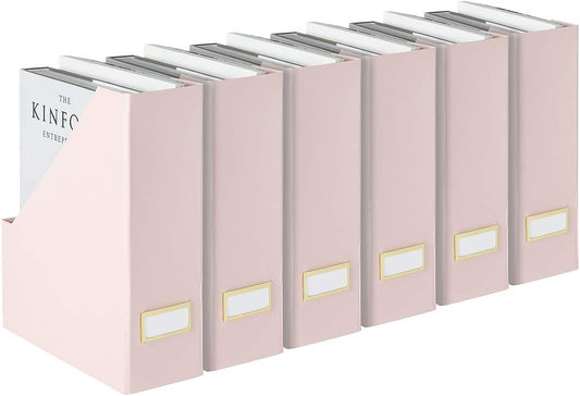 | Cardboard Magazine File Holder Set of 6 Pink | Vertical Magazine File Holder with Gold Label Slots | Standing File Holder and Cardboard Bins for Shelves Desk Storage