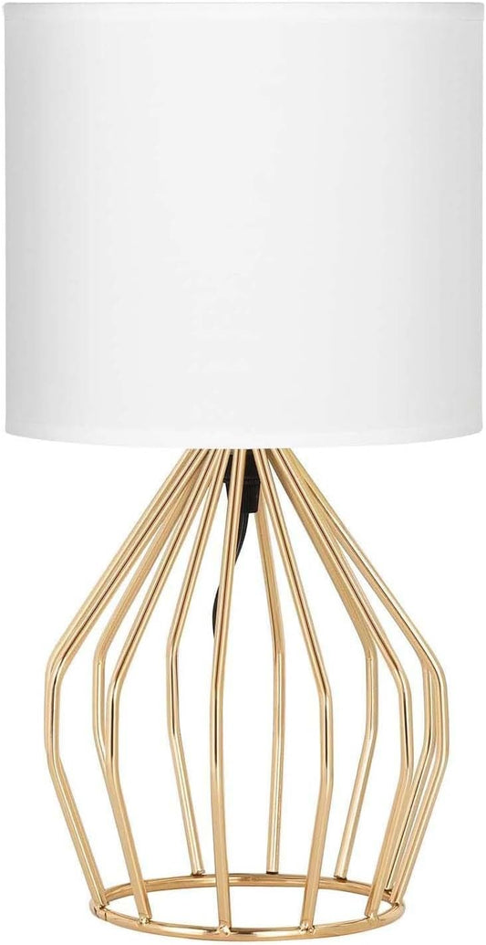 Gold Table Lamp - Modern Style Desk Lamp with Hollowed Out Base Linen Fabric Shade, Small Golden Bedside Lamp for Bedrooms, Living Room