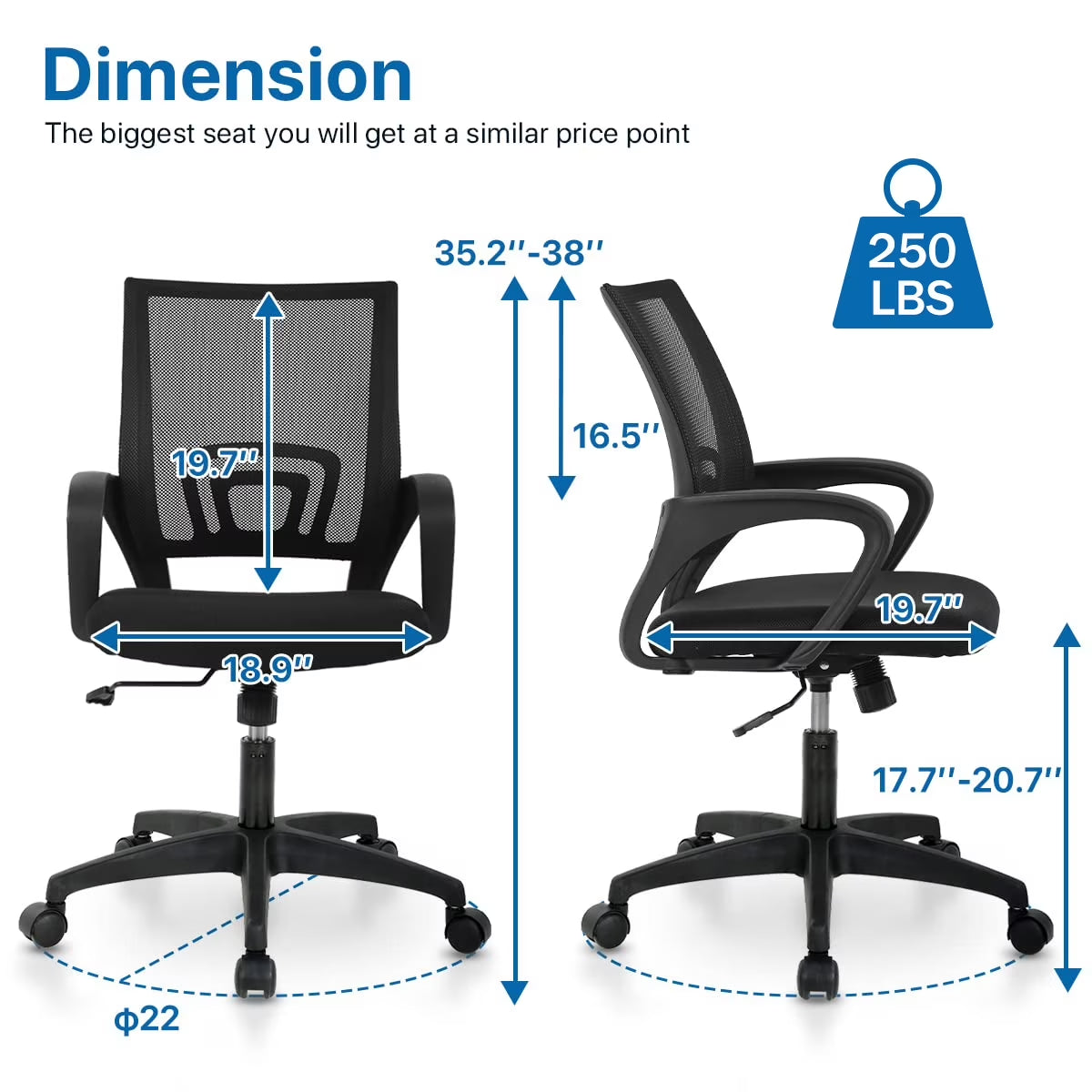 Mesh Office Chair, Mid-Back Home Office Chair Adjustable Ergonomic Desk Chair with Armrest, Rolling Swivel Chair for Adults, Black