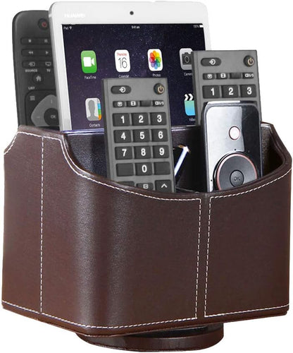 Leather Remote Control Holder, 360 Degree Spinning Desk TV Remote Caddy/Box, Coffee Table Organizer for Controller, Media, Calculator, Mobile Phone and Pencil Storage
