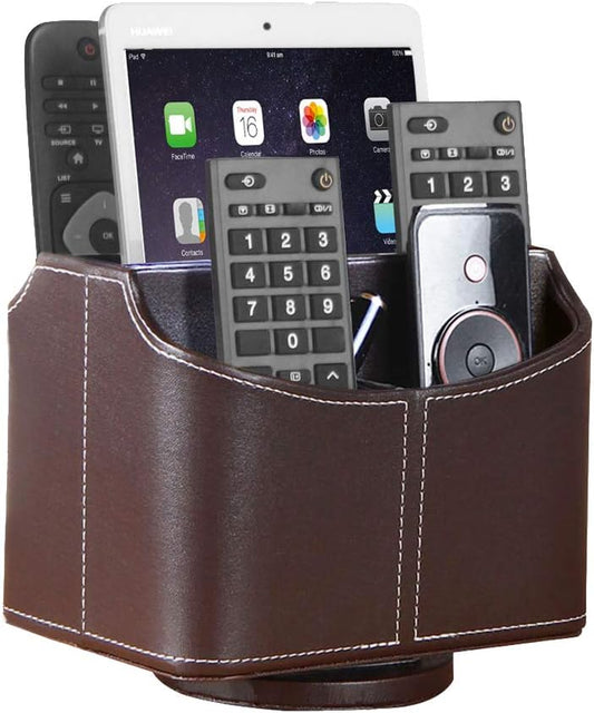 Leather Remote Control Holder, 360 Degree Spinning Desk TV Remote Caddy/Box, Coffee Table Organizer for Controller, Media, Calculator, Mobile Phone and Pencil Storage