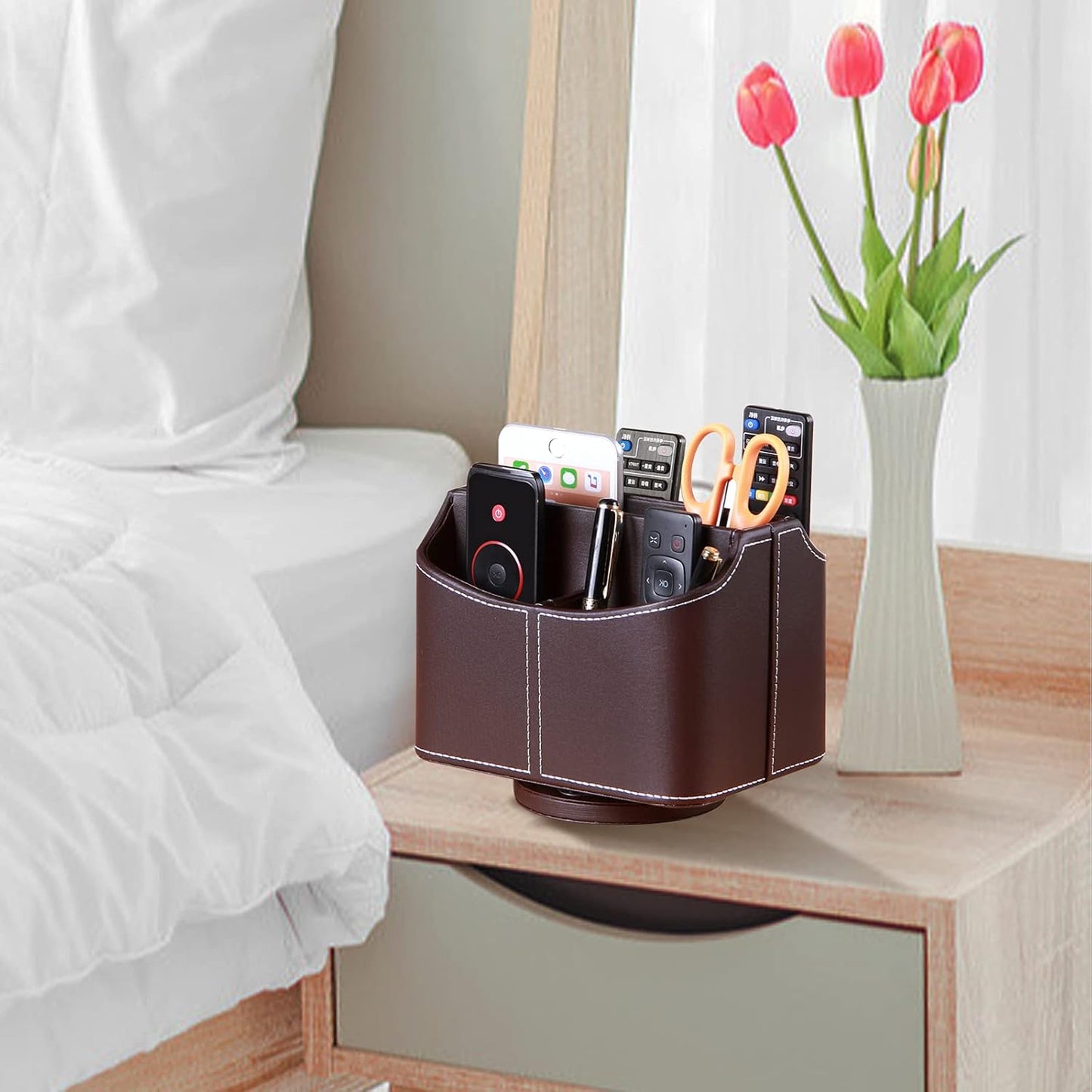 Leather Remote Control Holder, 360 Degree Spinning Desk TV Remote Caddy/Box, Coffee Table Organizer for Controller, Media, Calculator, Mobile Phone and Pencil Storage
