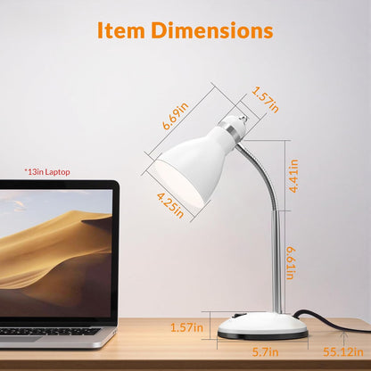 Metal Desk Lamp, Adjustable Goose Neck Table Lamp, Eye-Caring Study Desk Lamps for Bedroom, Study Room and Office (White)