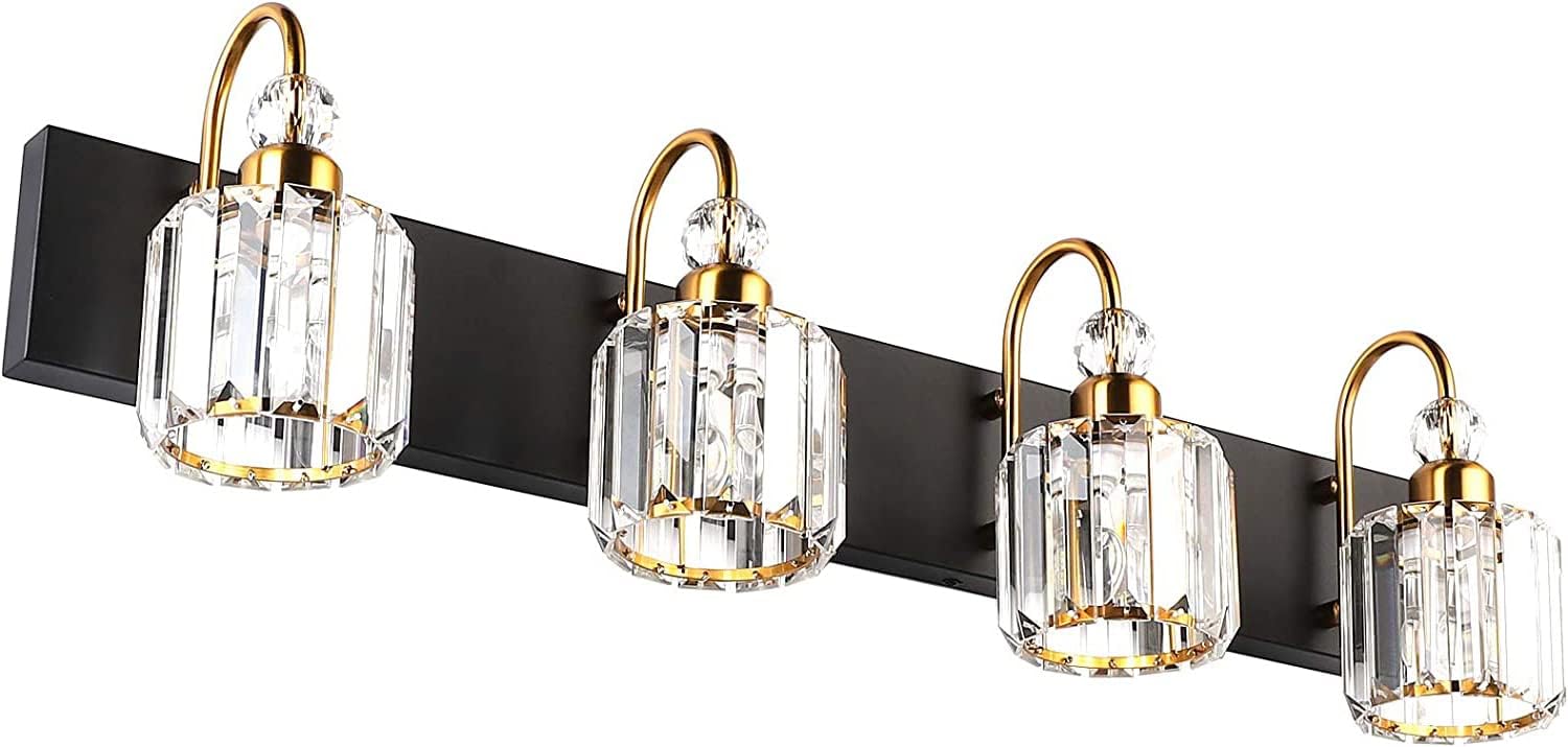 LED Modern Vanity Lights Fixtures 4 Lights Black Vanity Lights Crystal Modern Matte Black Vanity Lights for Bathroom
