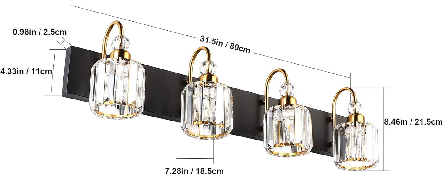 LED Modern Vanity Lights Fixtures 4 Lights Black Vanity Lights Crystal Modern Matte Black Vanity Lights for Bathroom