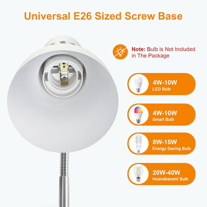Metal Desk Lamp, Adjustable Goose Neck Table Lamp, Eye-Caring Study Desk Lamps for Bedroom, Study Room and Office (White)