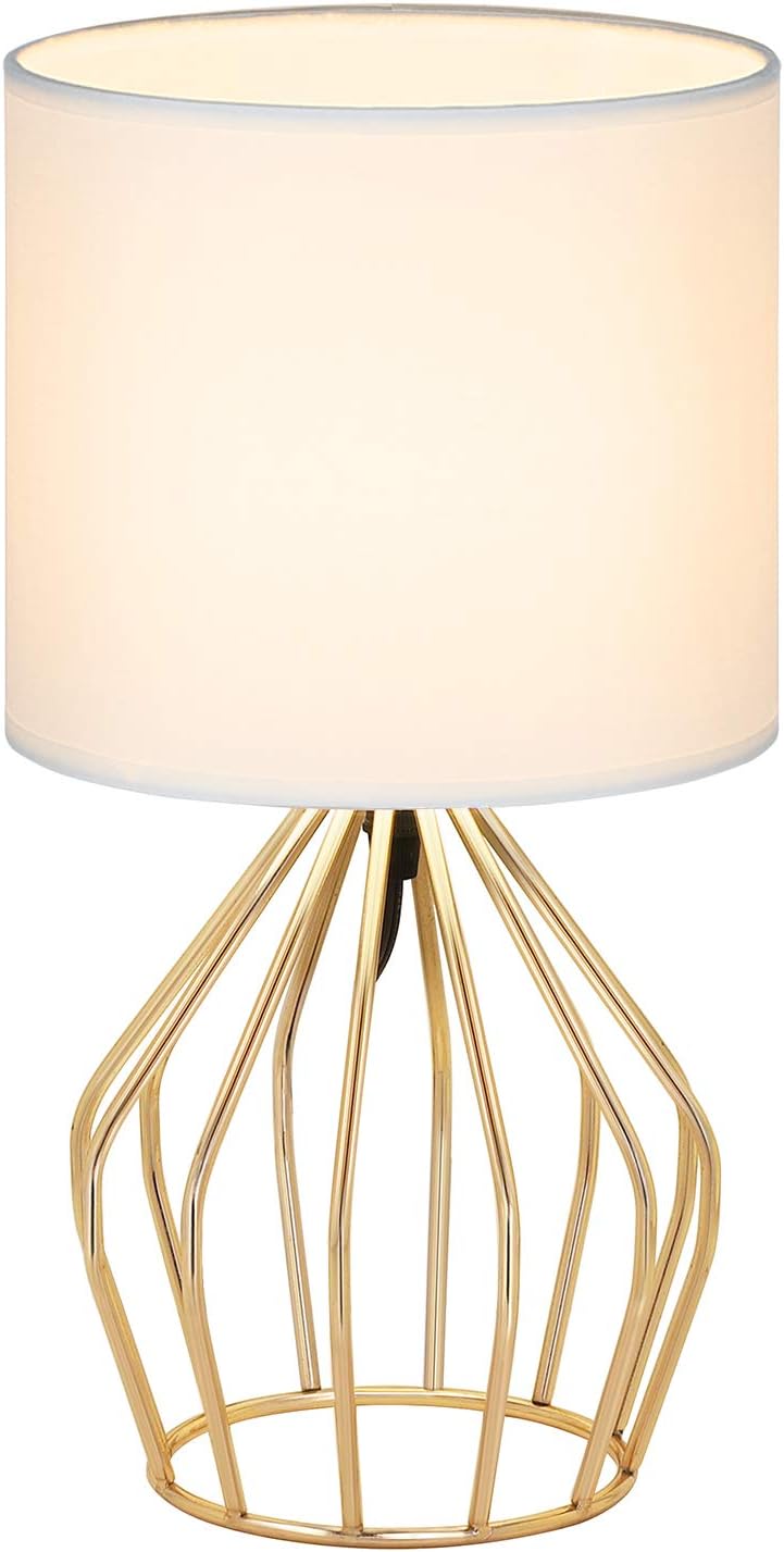 Gold Table Lamp - Modern Style Desk Lamp with Hollowed Out Base Linen Fabric Shade, Small Golden Bedside Lamp for Bedrooms, Living Room
