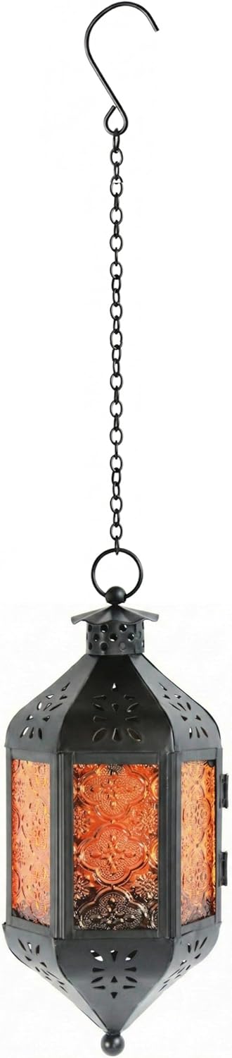 11.5" Hanging Moroccan Decorative Candle Lantern Lamp – Indoor/Outdoor Tea Light Candle Holder for Patio, Porch, Halloween or Home Decor, Amber Orange, 3-Pack