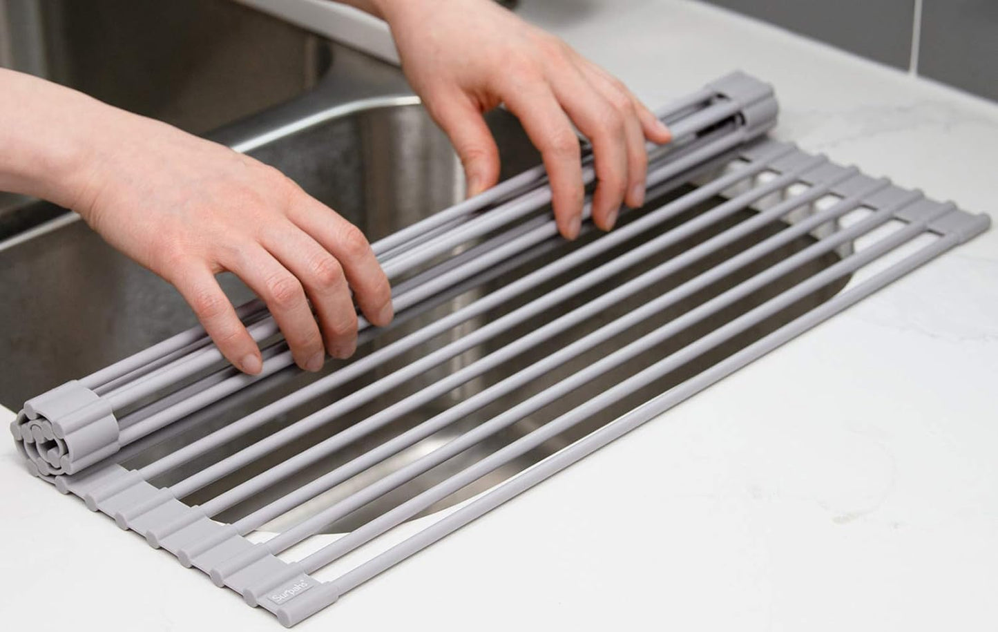 20.5 X 13.1 Inch Roll-Up Dish Drying Rack, Fits across Sink Openings up to 19.5 Inches, Heavy-Duty Premium Silicone, Strong Support, Non-Slip, Heat-Resistant, Warm Gray