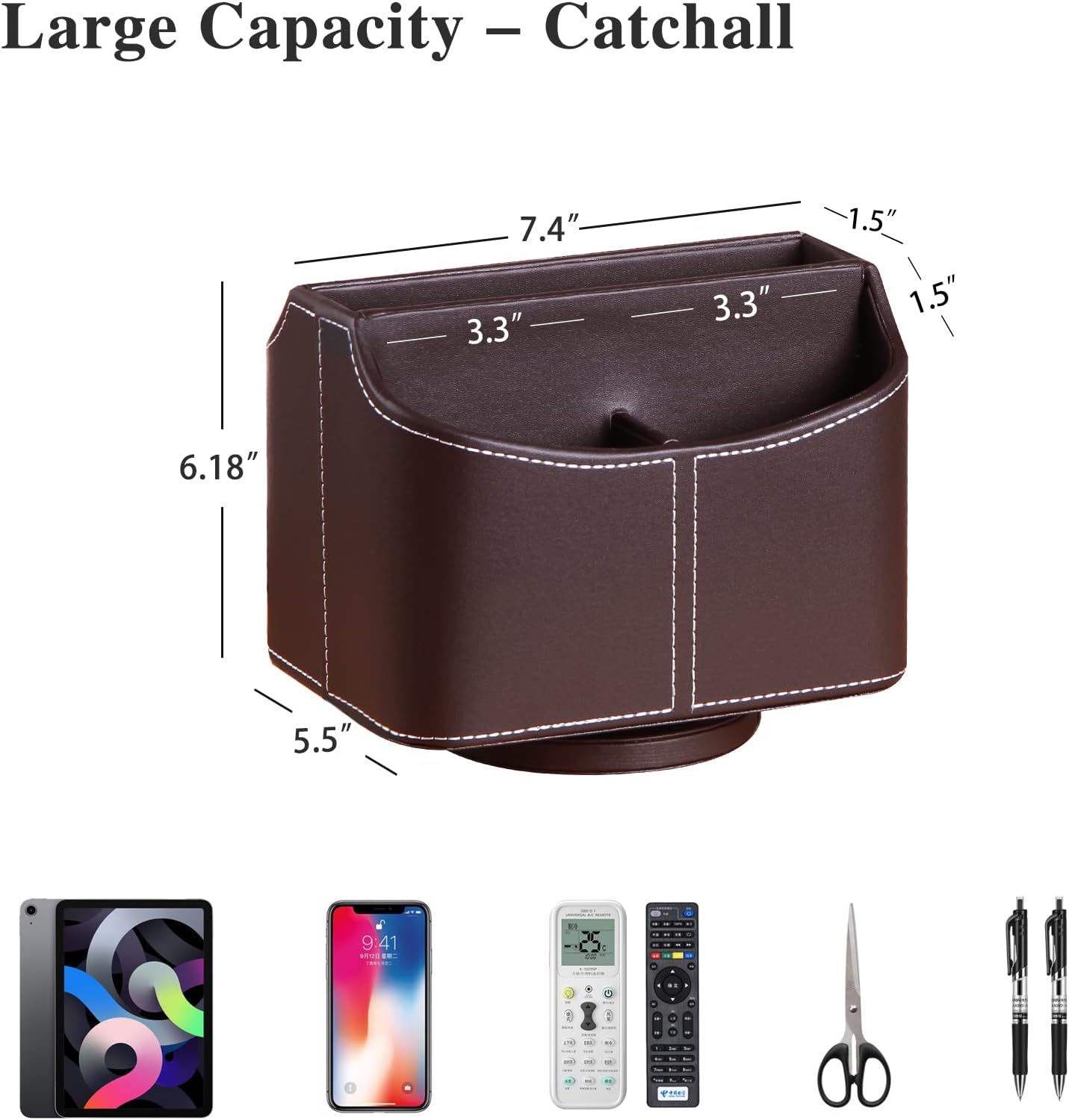 Leather Remote Control Holder, 360 Degree Spinning Desk TV Remote Caddy/Box, Coffee Table Organizer for Controller, Media, Calculator, Mobile Phone and Pencil Storage