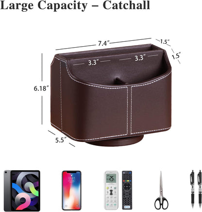 Leather Remote Control Holder, 360 Degree Spinning Desk TV Remote Caddy/Box, Coffee Table Organizer for Controller, Media, Calculator, Mobile Phone and Pencil Storage