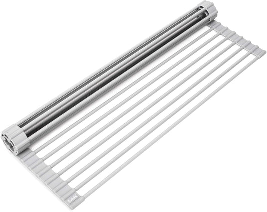 20.5 X 13.1 Inch Roll-Up Dish Drying Rack, Fits across Sink Openings up to 19.5 Inches, Heavy-Duty Premium Silicone, Strong Support, Non-Slip, Heat-Resistant, Warm Gray