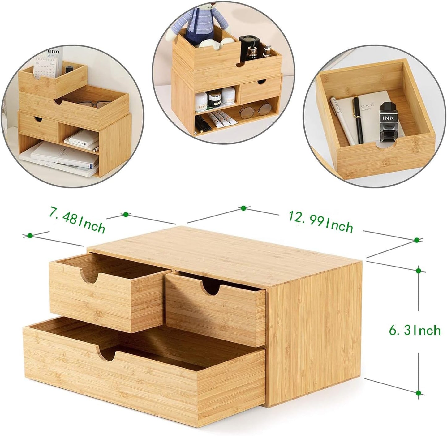 Bamboo Desk Drawer Organizer, Desktop Organizer with Drawers Tabletop Storage Organization Box for Office Home Toiletries Supplies Vanity, No Assembly Required(3 Drawers-Up Down)