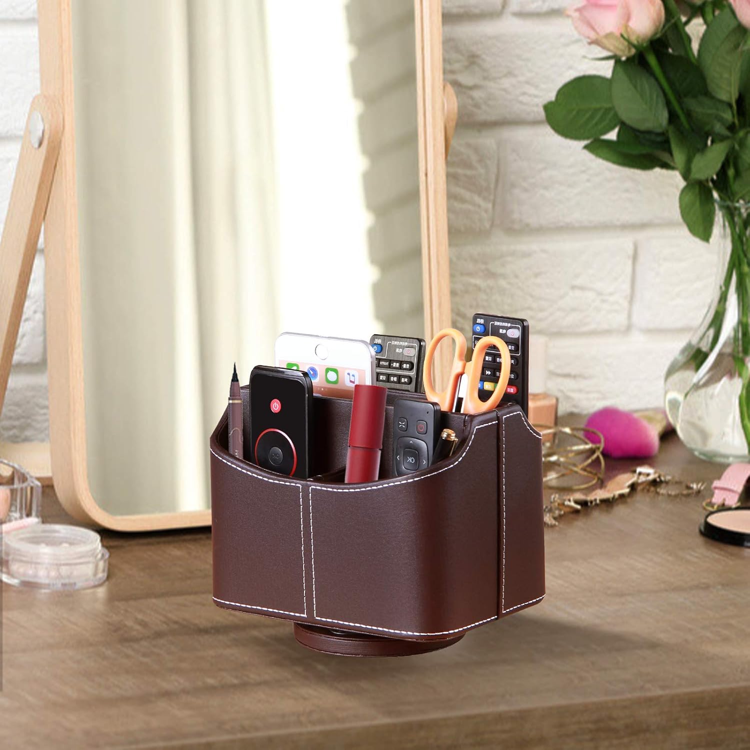 Leather Remote Control Holder, 360 Degree Spinning Desk TV Remote Caddy/Box, Coffee Table Organizer for Controller, Media, Calculator, Mobile Phone and Pencil Storage