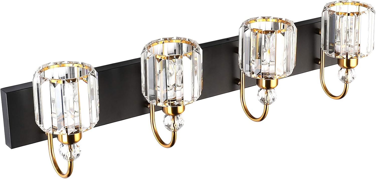 LED Modern Vanity Lights Fixtures 4 Lights Black Vanity Lights Crystal Modern Matte Black Vanity Lights for Bathroom