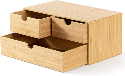 Bamboo Desk Drawer Organizer, Desktop Organizer with Drawers Tabletop Storage Organization Box for Office Home Toiletries Supplies Vanity, No Assembly Required(3 Drawers-Up Down)