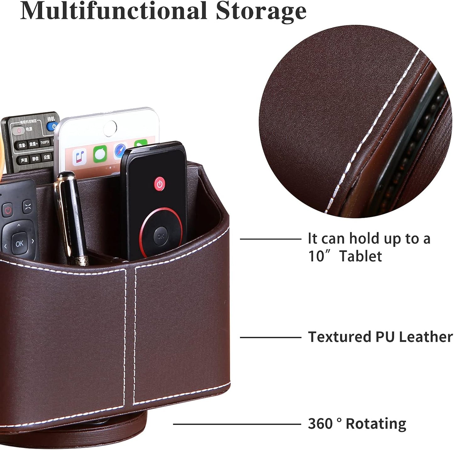 Leather Remote Control Holder, 360 Degree Spinning Desk TV Remote Caddy/Box, Coffee Table Organizer for Controller, Media, Calculator, Mobile Phone and Pencil Storage