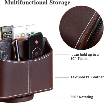 Leather Remote Control Holder, 360 Degree Spinning Desk TV Remote Caddy/Box, Coffee Table Organizer for Controller, Media, Calculator, Mobile Phone and Pencil Storage