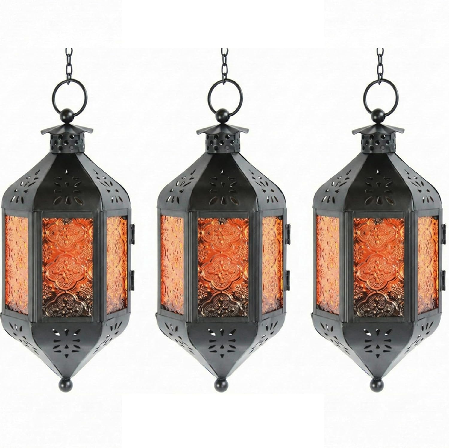 11.5" Hanging Moroccan Decorative Candle Lantern Lamp – Indoor/Outdoor Tea Light Candle Holder for Patio, Porch, Halloween or Home Decor, Amber Orange, 3-Pack