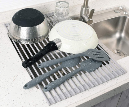 20.5 X 13.1 Inch Roll-Up Dish Drying Rack, Fits across Sink Openings up to 19.5 Inches, Heavy-Duty Premium Silicone, Strong Support, Non-Slip, Heat-Resistant, Warm Gray