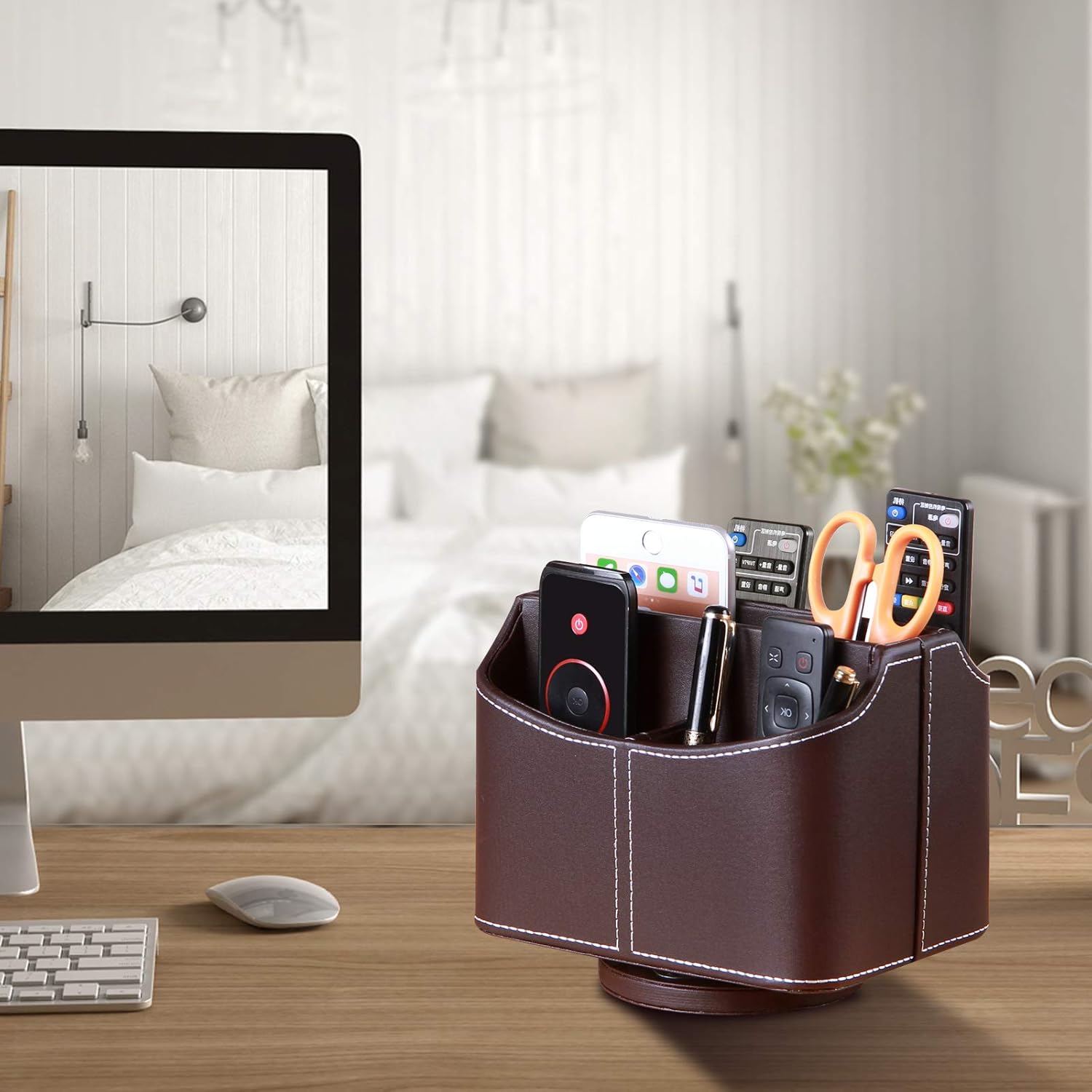 Leather Remote Control Holder, 360 Degree Spinning Desk TV Remote Caddy/Box, Coffee Table Organizer for Controller, Media, Calculator, Mobile Phone and Pencil Storage