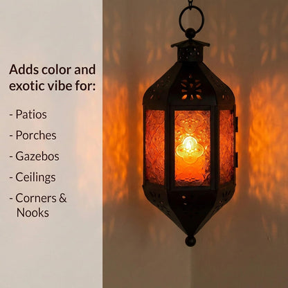 11.5" Hanging Moroccan Decorative Candle Lantern Lamp – Indoor/Outdoor Tea Light Candle Holder for Patio, Porch, Halloween or Home Decor, Amber Orange, 3-Pack