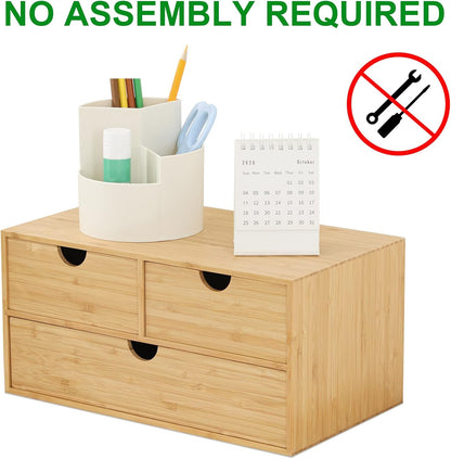 Bamboo Desk Drawer Organizer, Desktop Organizer with Drawers Tabletop Storage Organization Box for Office Home Toiletries Supplies Vanity, No Assembly Required(3 Drawers-Up Down)