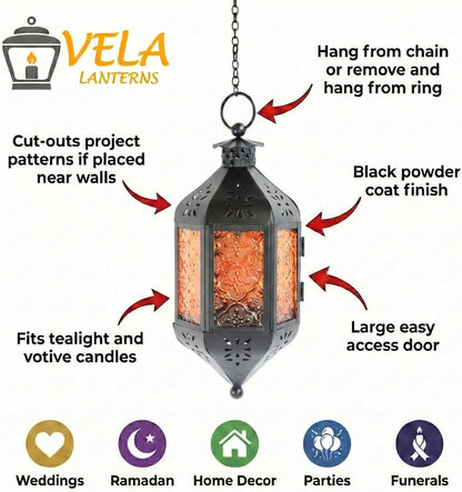 11.5" Hanging Moroccan Decorative Candle Lantern Lamp – Indoor/Outdoor Tea Light Candle Holder for Patio, Porch, Halloween or Home Decor, Amber Orange, 3-Pack