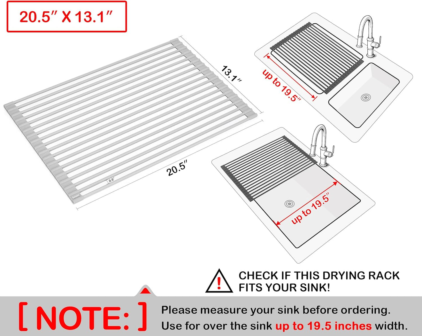 20.5 X 13.1 Inch Roll-Up Dish Drying Rack, Fits across Sink Openings up to 19.5 Inches, Heavy-Duty Premium Silicone, Strong Support, Non-Slip, Heat-Resistant, Warm Gray