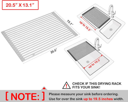 20.5 X 13.1 Inch Roll-Up Dish Drying Rack, Fits across Sink Openings up to 19.5 Inches, Heavy-Duty Premium Silicone, Strong Support, Non-Slip, Heat-Resistant, Warm Gray