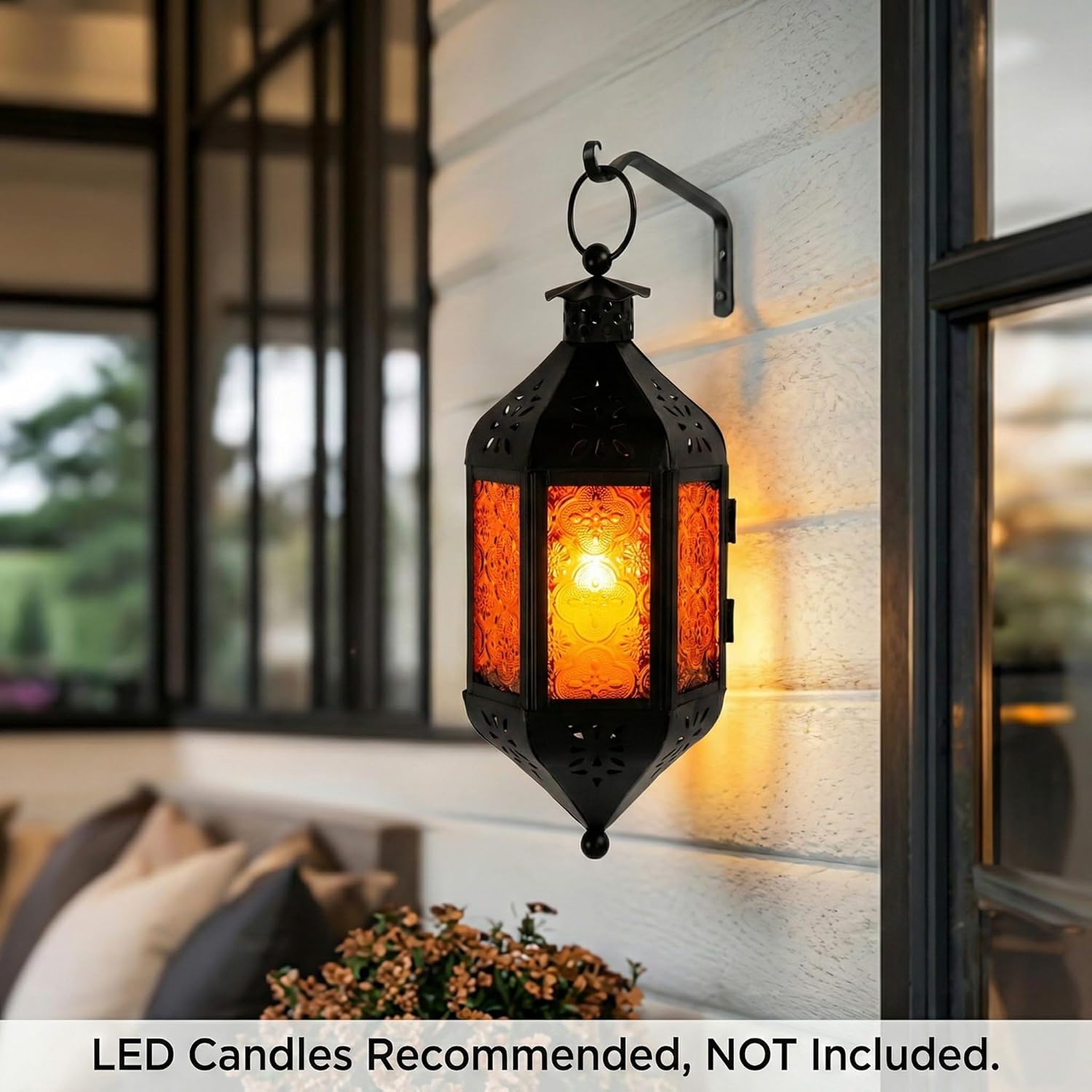 11.5" Hanging Moroccan Decorative Candle Lantern Lamp – Indoor/Outdoor Tea Light Candle Holder for Patio, Porch, Halloween or Home Decor, Amber Orange, 3-Pack