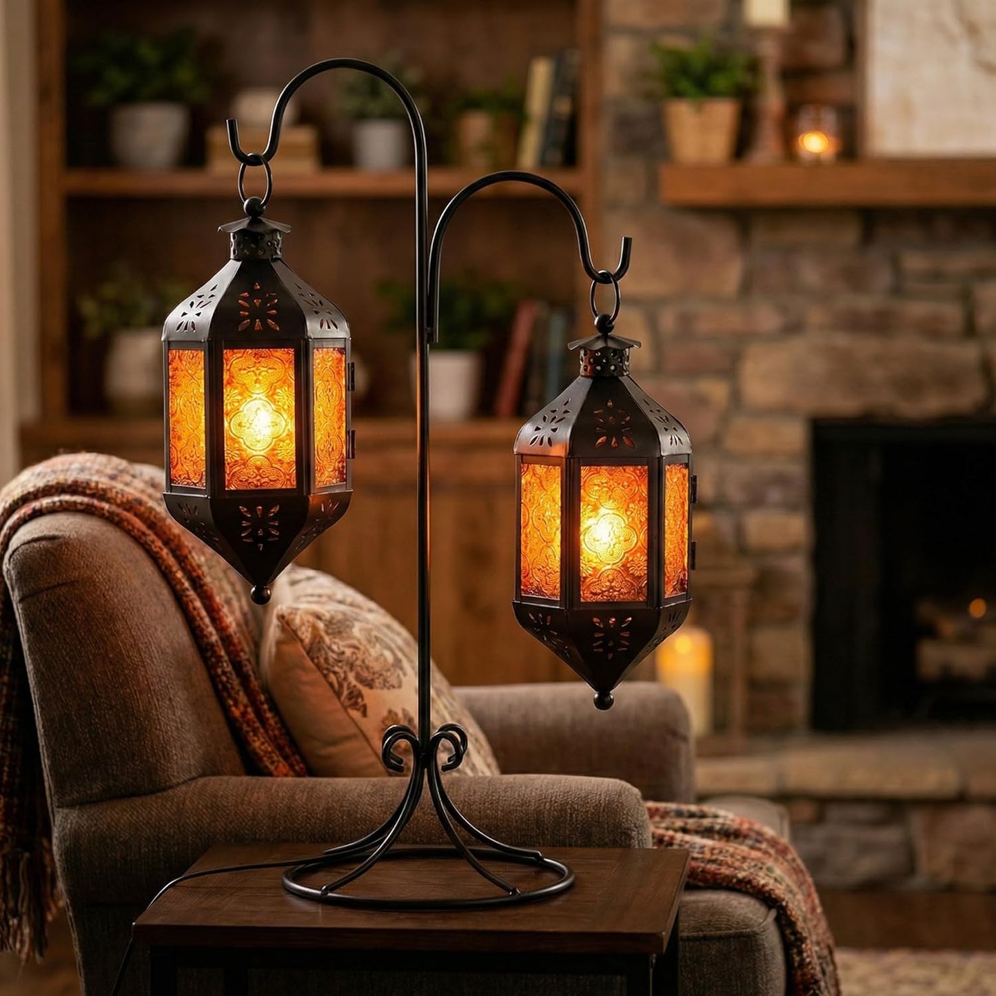 11.5" Hanging Moroccan Decorative Candle Lantern Lamp – Indoor/Outdoor Tea Light Candle Holder for Patio, Porch, Halloween or Home Decor, Amber Orange, 3-Pack