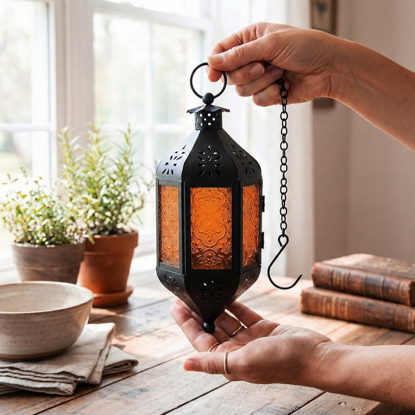 11.5" Hanging Moroccan Decorative Candle Lantern Lamp – Indoor/Outdoor Tea Light Candle Holder for Patio, Porch, Halloween or Home Decor, Amber Orange, 3-Pack