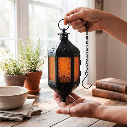 11.5" Hanging Moroccan Decorative Candle Lantern Lamp – Indoor/Outdoor Tea Light Candle Holder for Patio, Porch, Halloween or Home Decor, Amber Orange, 3-Pack