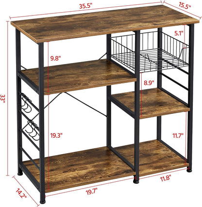 4-Tier Kitchen Baker'S Rack, Coffee Bar Microwave Stand Cart with Wire Basket & 6 Side Hooks, Kitchen Organizer Shelf for Spices/Utensils Foods, Rustic Brown