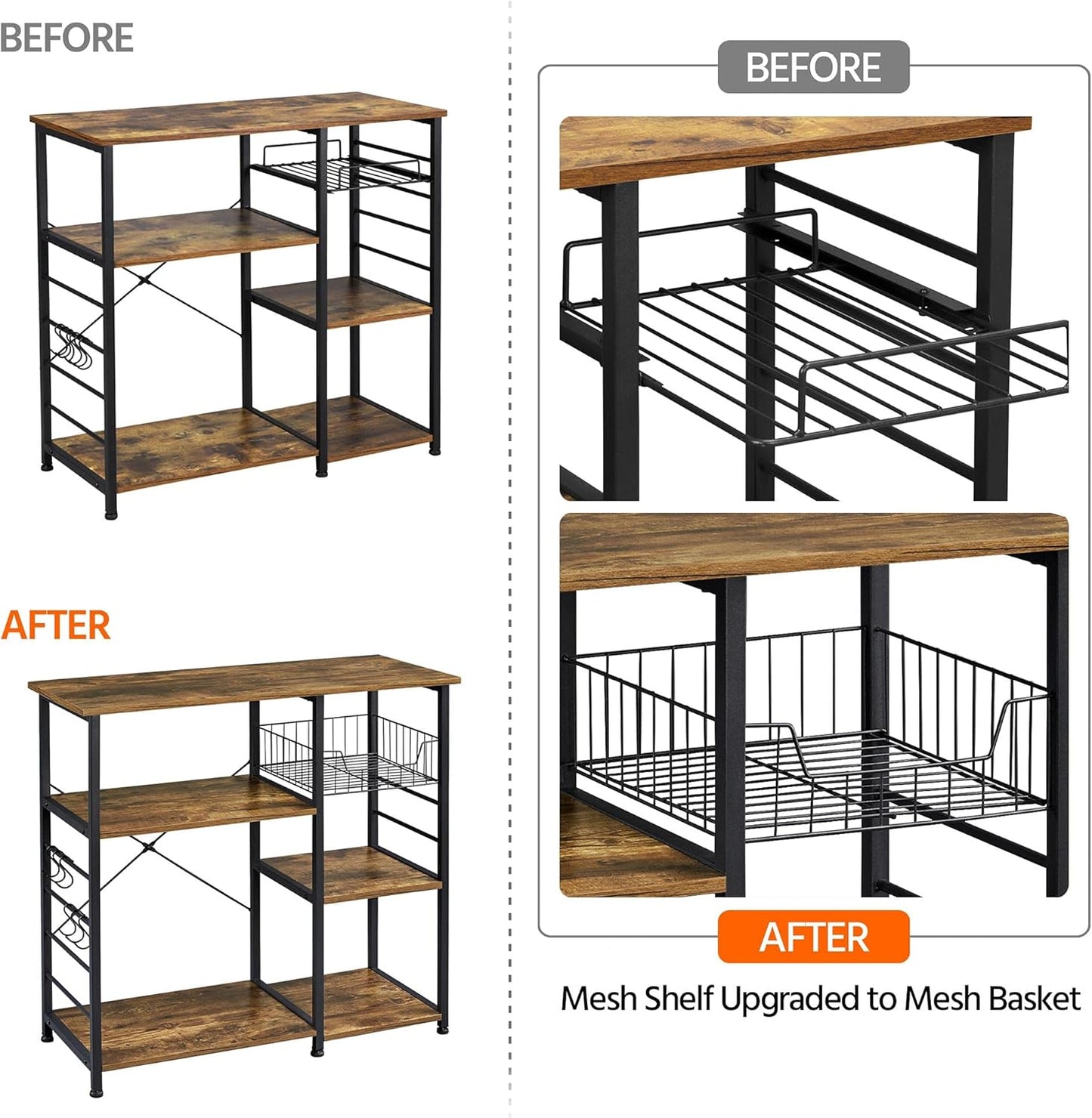 4-Tier Kitchen Baker'S Rack, Coffee Bar Microwave Stand Cart with Wire Basket & 6 Side Hooks, Kitchen Organizer Shelf for Spices/Utensils Foods, Rustic Brown