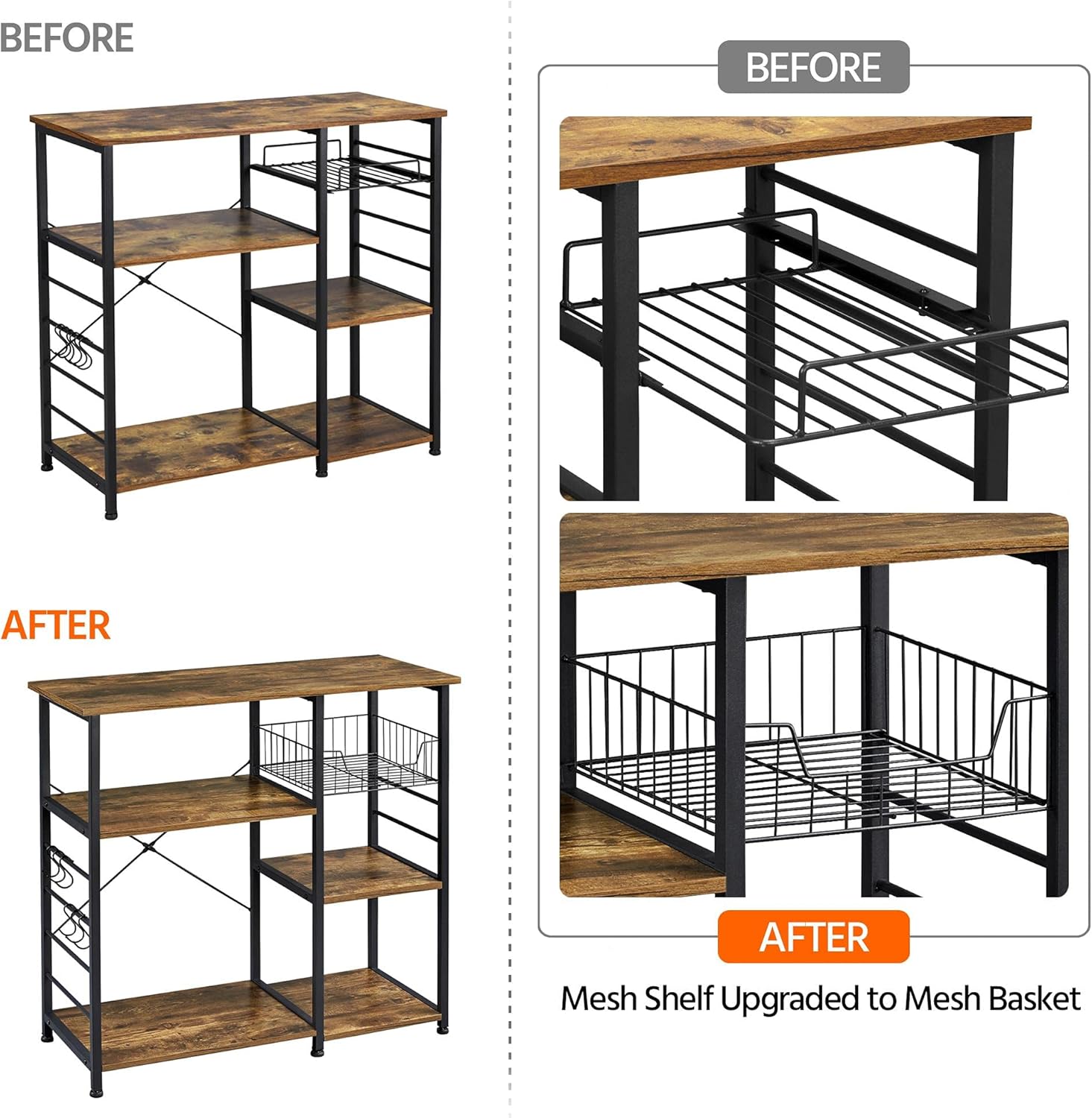 4-Tier Kitchen Baker'S Rack, Coffee Bar Microwave Stand Cart with Wire Basket & 6 Side Hooks, Kitchen Organizer Shelf for Spices/Utensils Foods, Rustic Brown