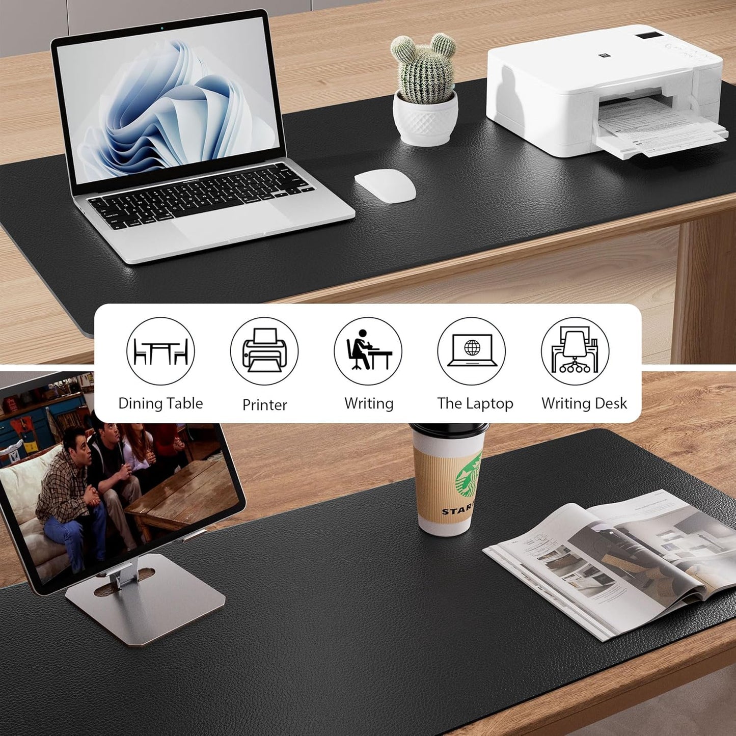 Leather Office Desk Pad Protector, Non-Slip PU Leather Desk Blotter, Waterproof Laptop Writing Mouse Pad for Office and Home, Black, 31.5" X 15.7"