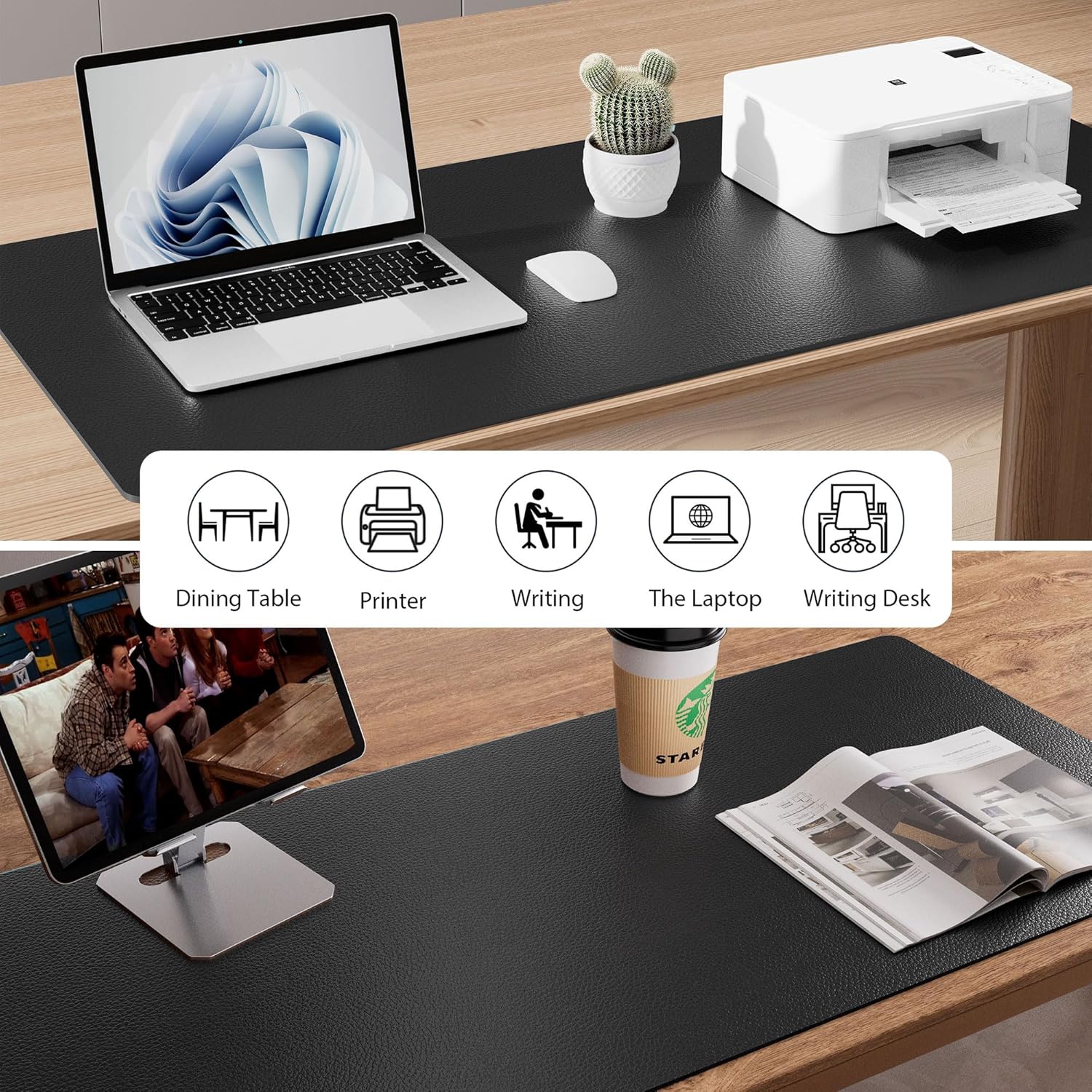 Leather Office Desk Pad Protector, Non-Slip PU Leather Desk Blotter, Waterproof Laptop Writing Mouse Pad for Office and Home, Black, 31.5" X 15.7"