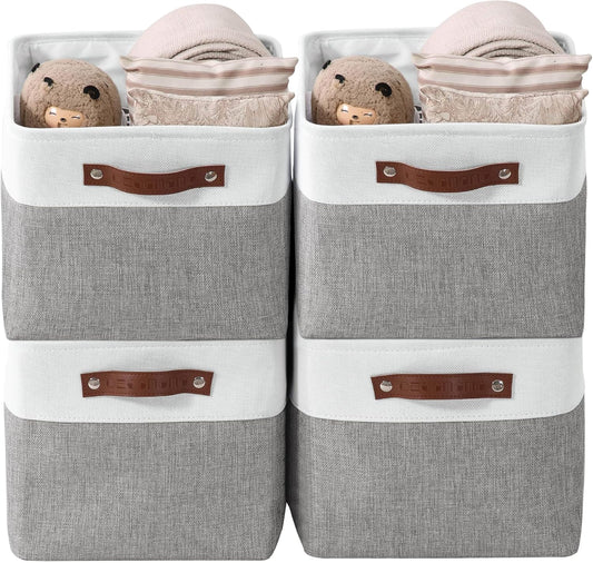 Storage Bins, Large Fabric Storage Baskets for Shelves, Decorative Linen Closet Organizer, 15 X 11 X 9.5 Inches (Grey & White, 4 Pack)