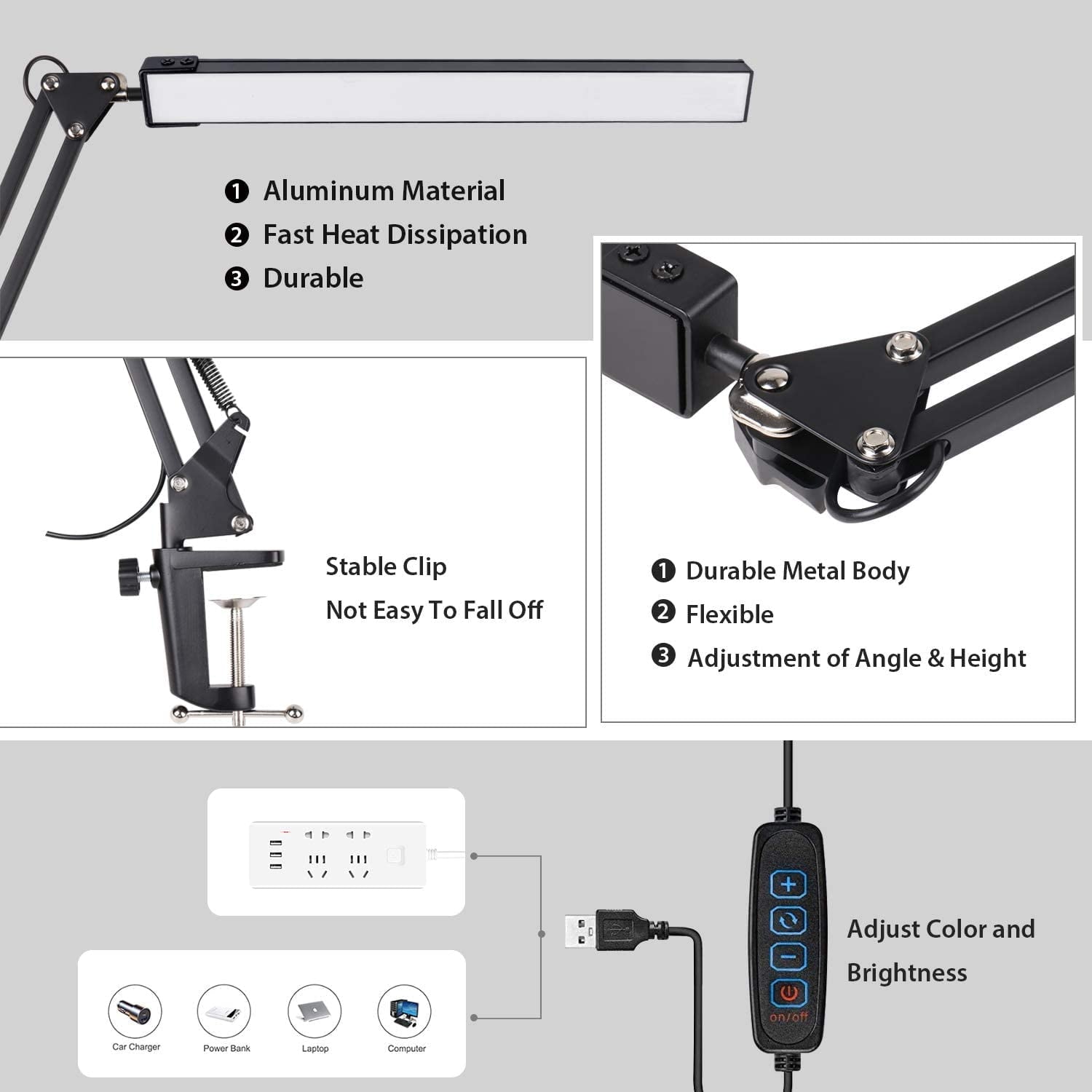 LED Desk Lamp with Clamp, Swing Arm Desk Lamp, Adjustable Desk Light Eye-Care Table Light(3 Color Modes, 10-Level Dimmer, Eye Care)
